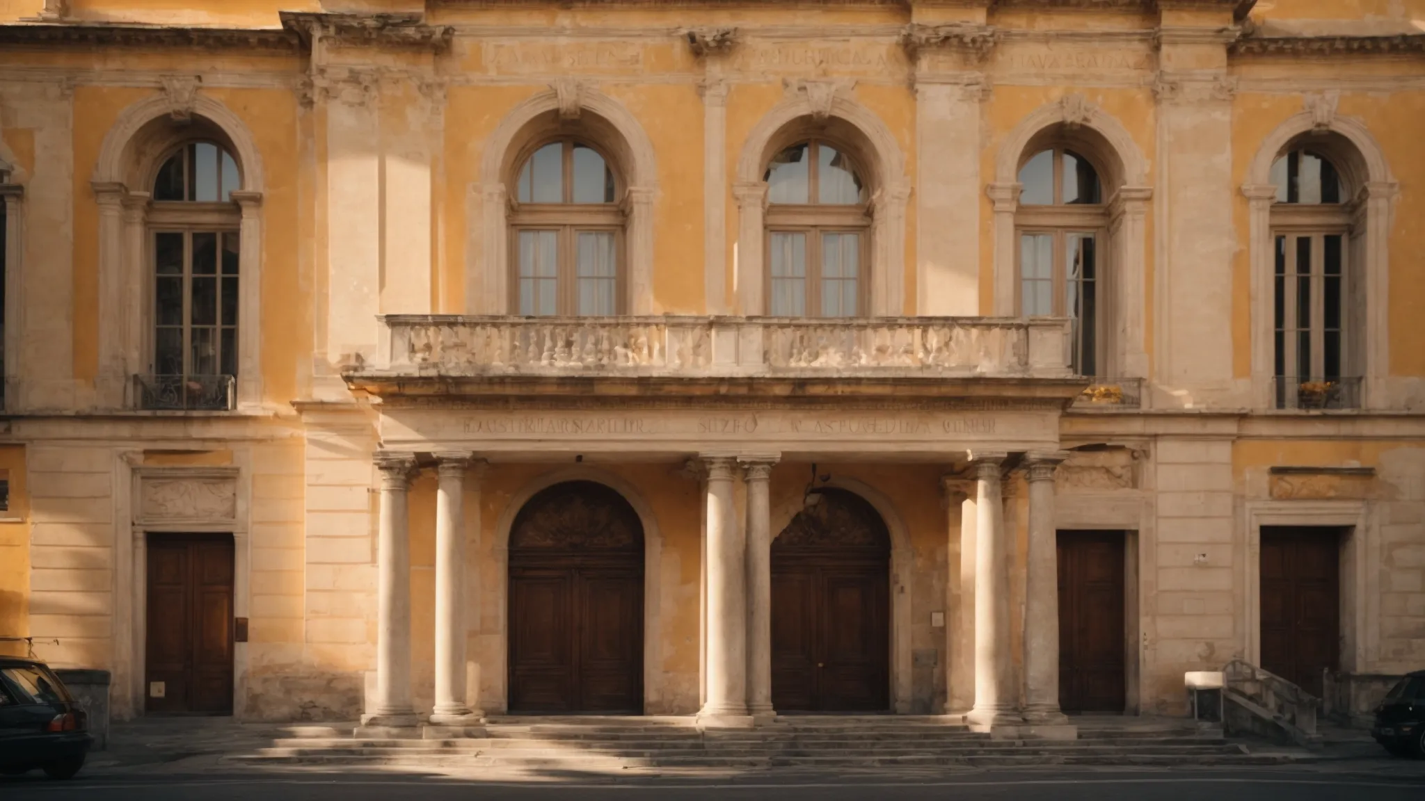 a stately italian government building, bathed in golden sunlight, where documents are being officially sealed.