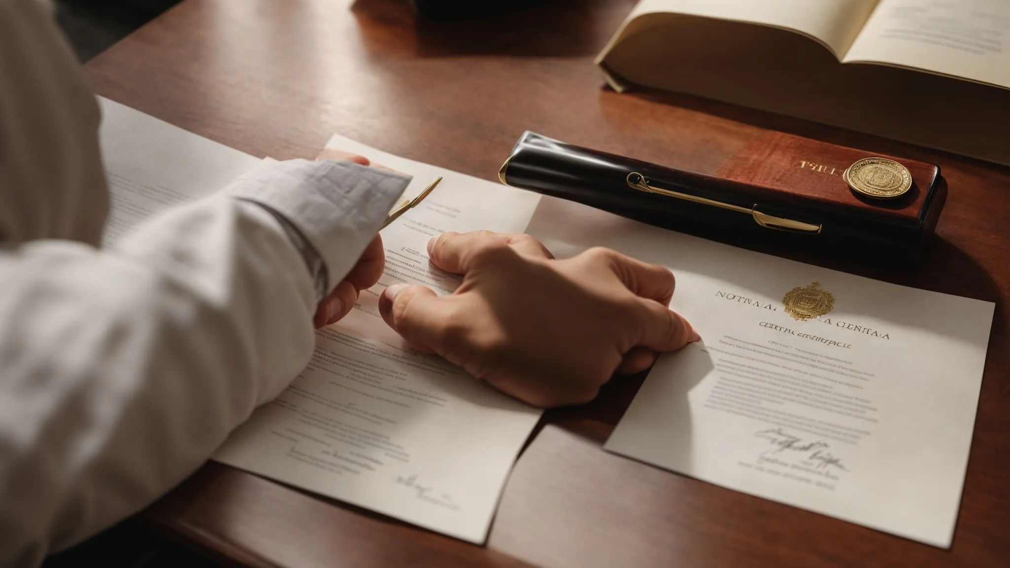 a notary public is affixing an apostille seal to a document to certify its legitimacy for international use between spain and the united states.