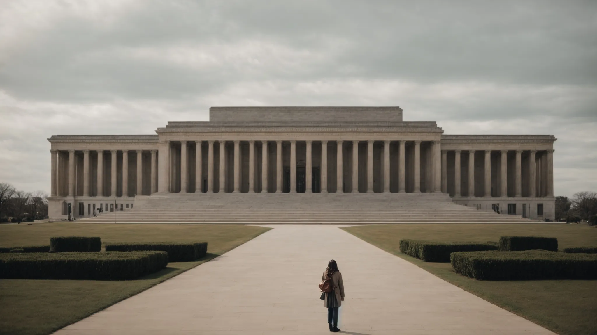 a person standing in front of a monumental government building, symbolizing the authority and location where one might obtain an apostille.