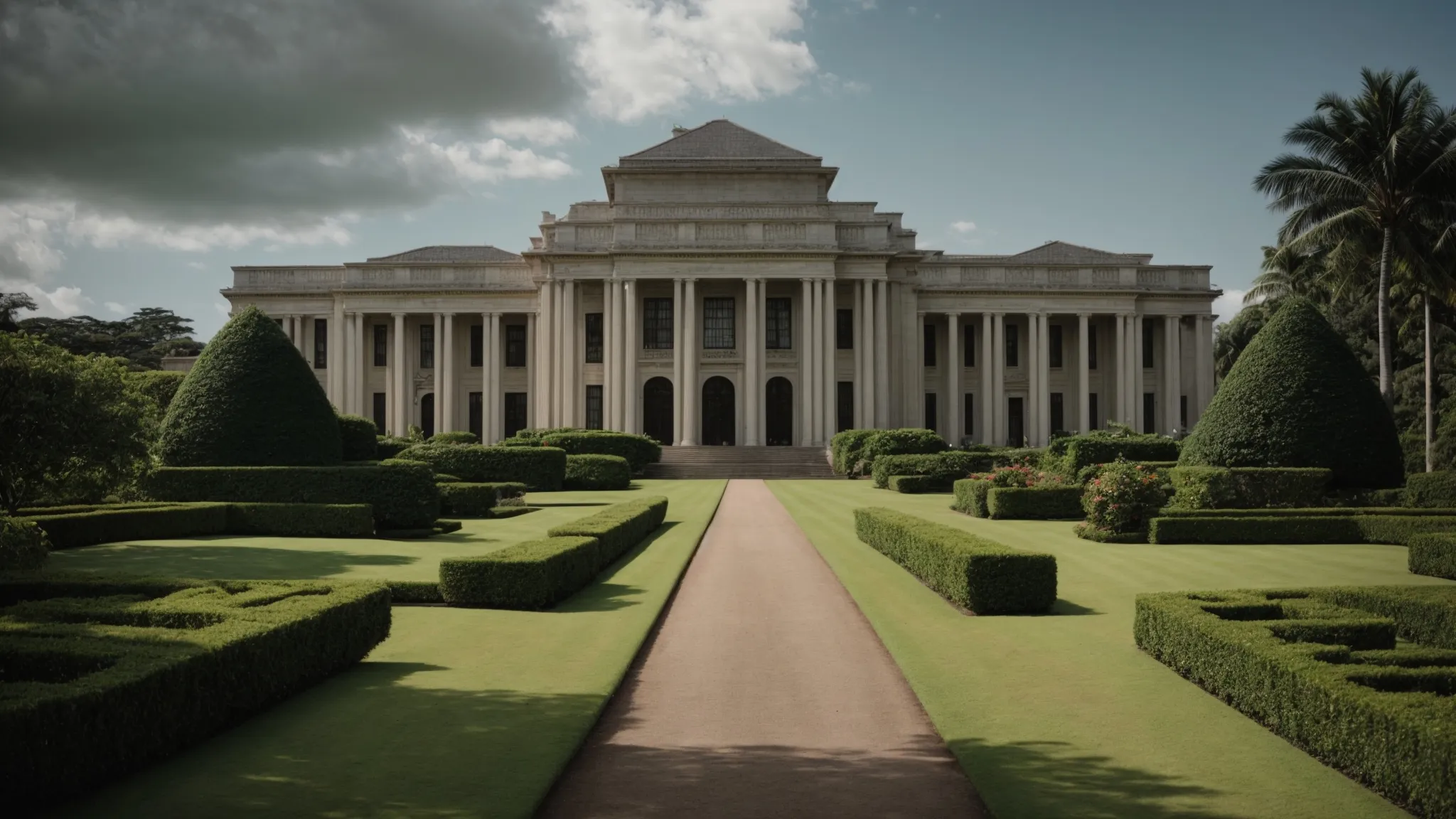 a path divides meticulously manicured lawns, leading to an imposing government building where the saga of acquiring a panama apostille begins.