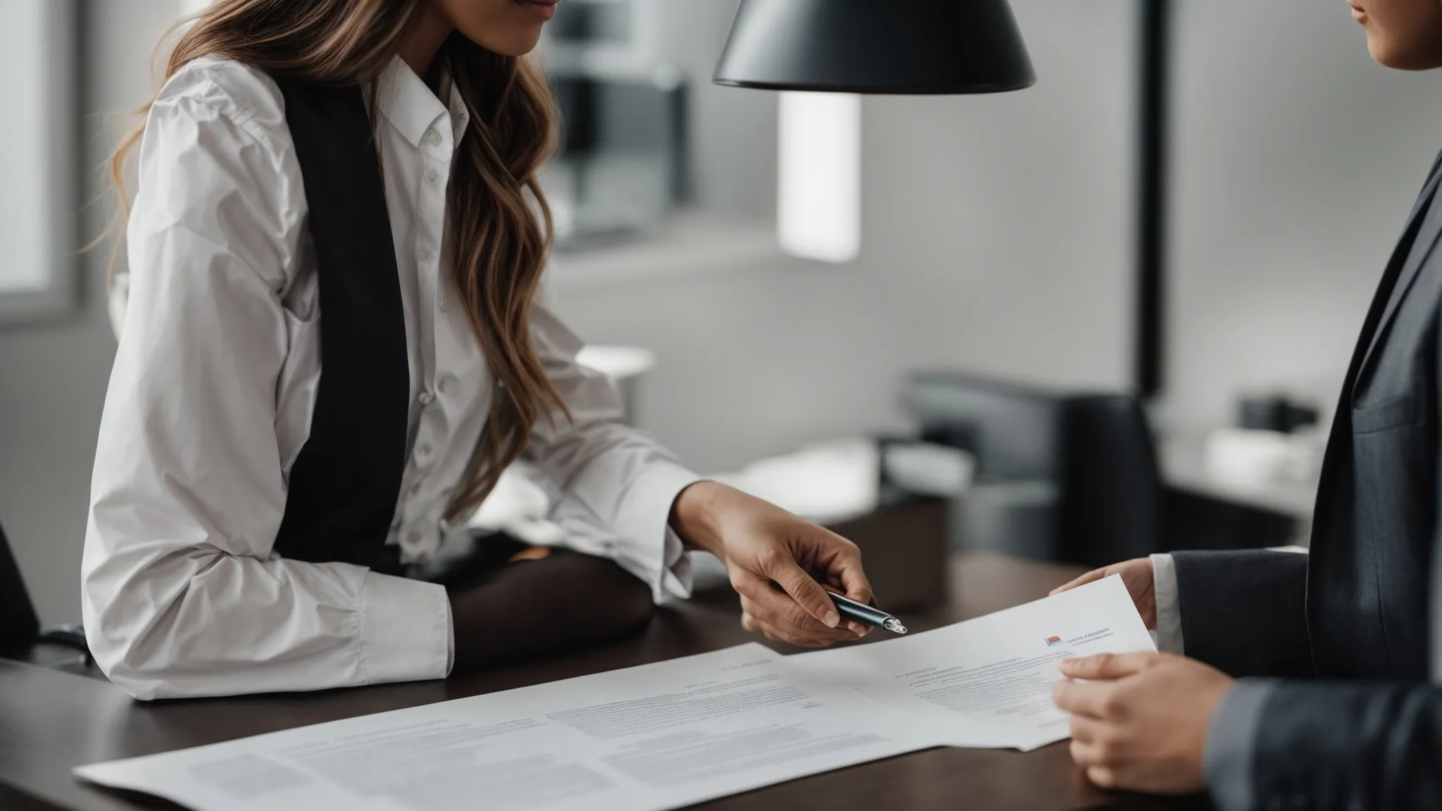 a professional consultant hands over an officially sealed document to a client in a modern office.