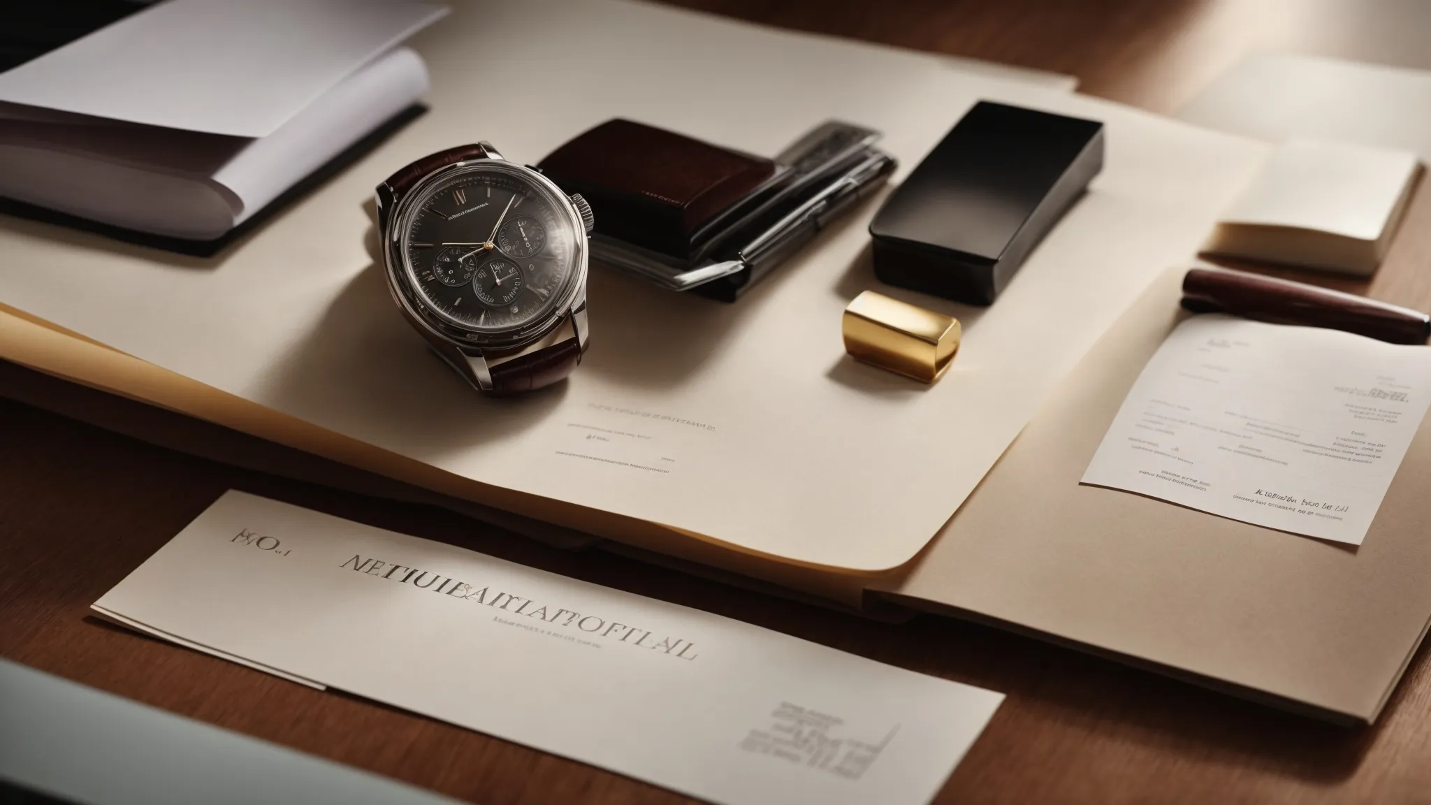 a neatly arranged desk with documents, a notary stamp, and a clock, poised for authentication services.