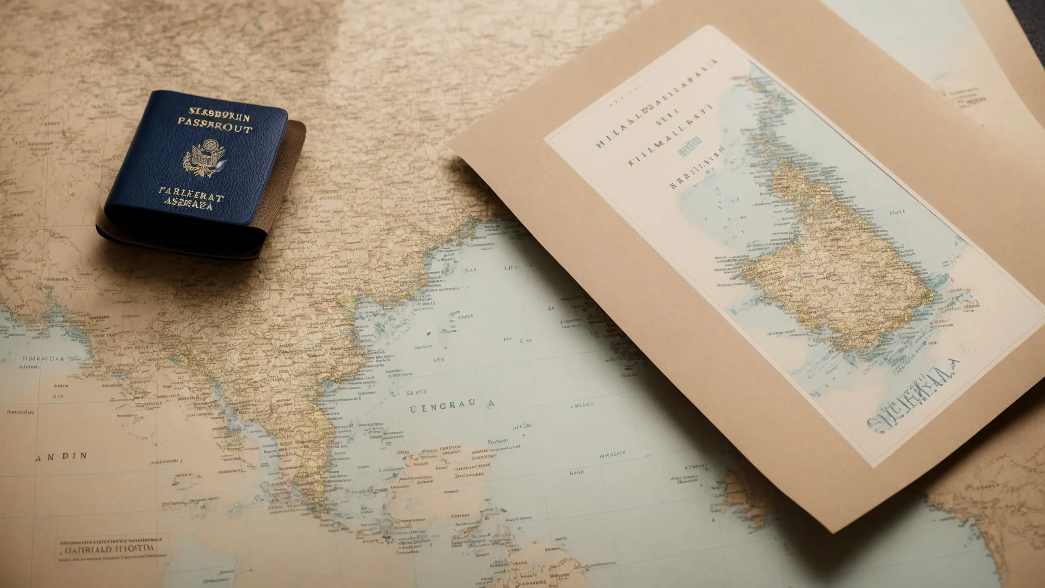 a seal stamp pressed upon an official document beside a map and a foreign passport.