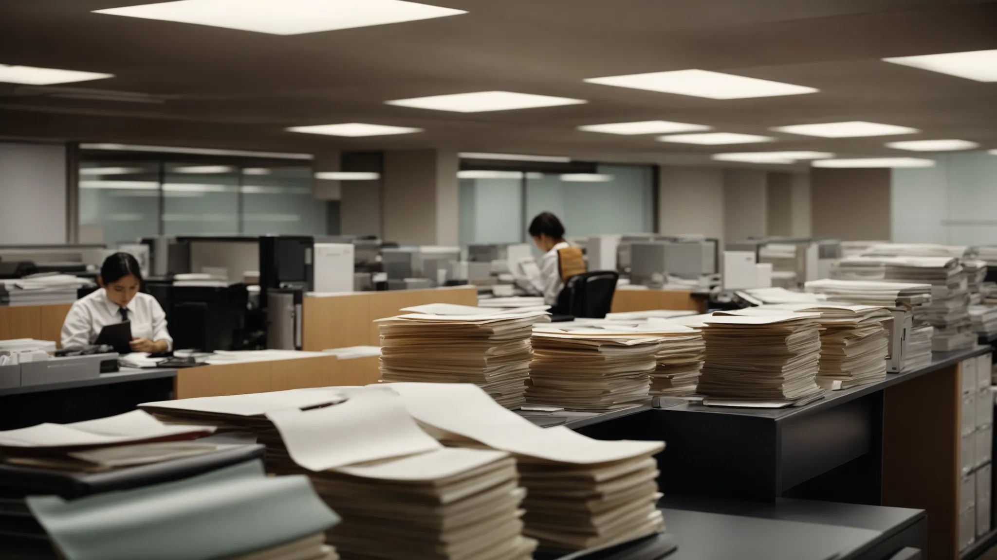 a solemn office scene where important documents are methodically being processed for international certification.