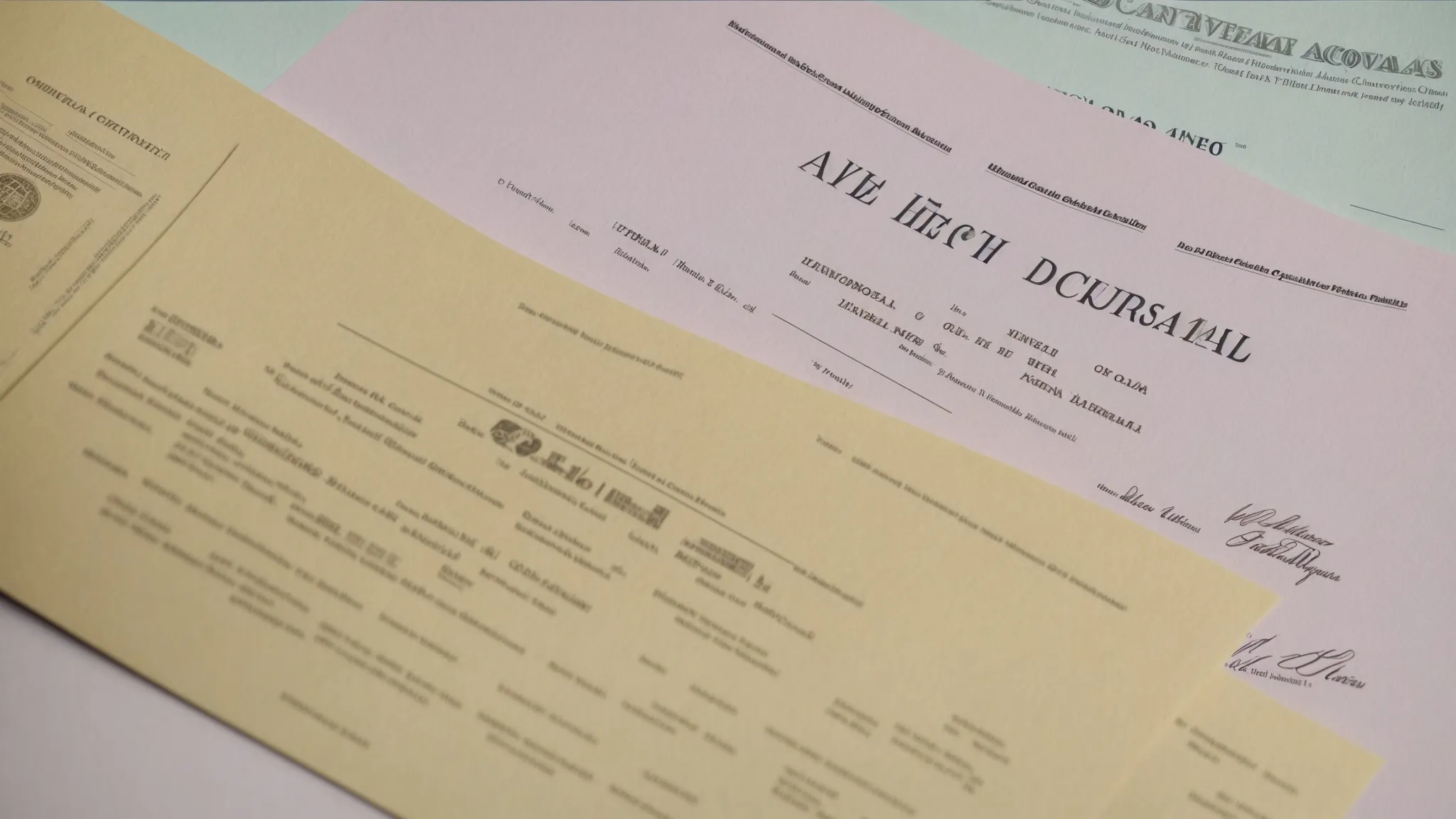 a stack of assorted official documents, including a birth certificate, a corporate certificate, and a university diploma, all bearing a distinctive embossed seal.
