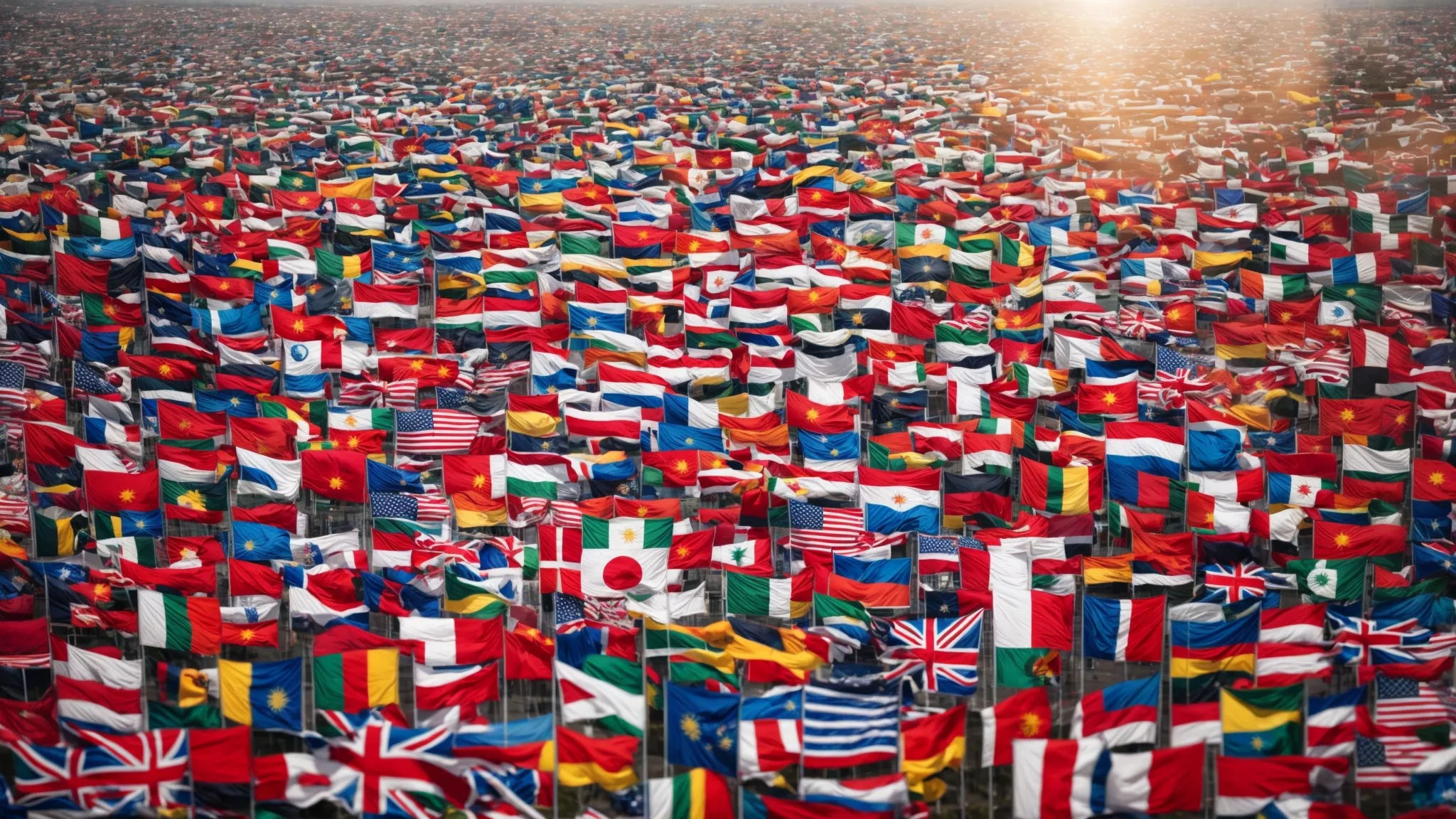 an array of international flags continues to a bright horizon, symbolizing worldwide document authenticity.