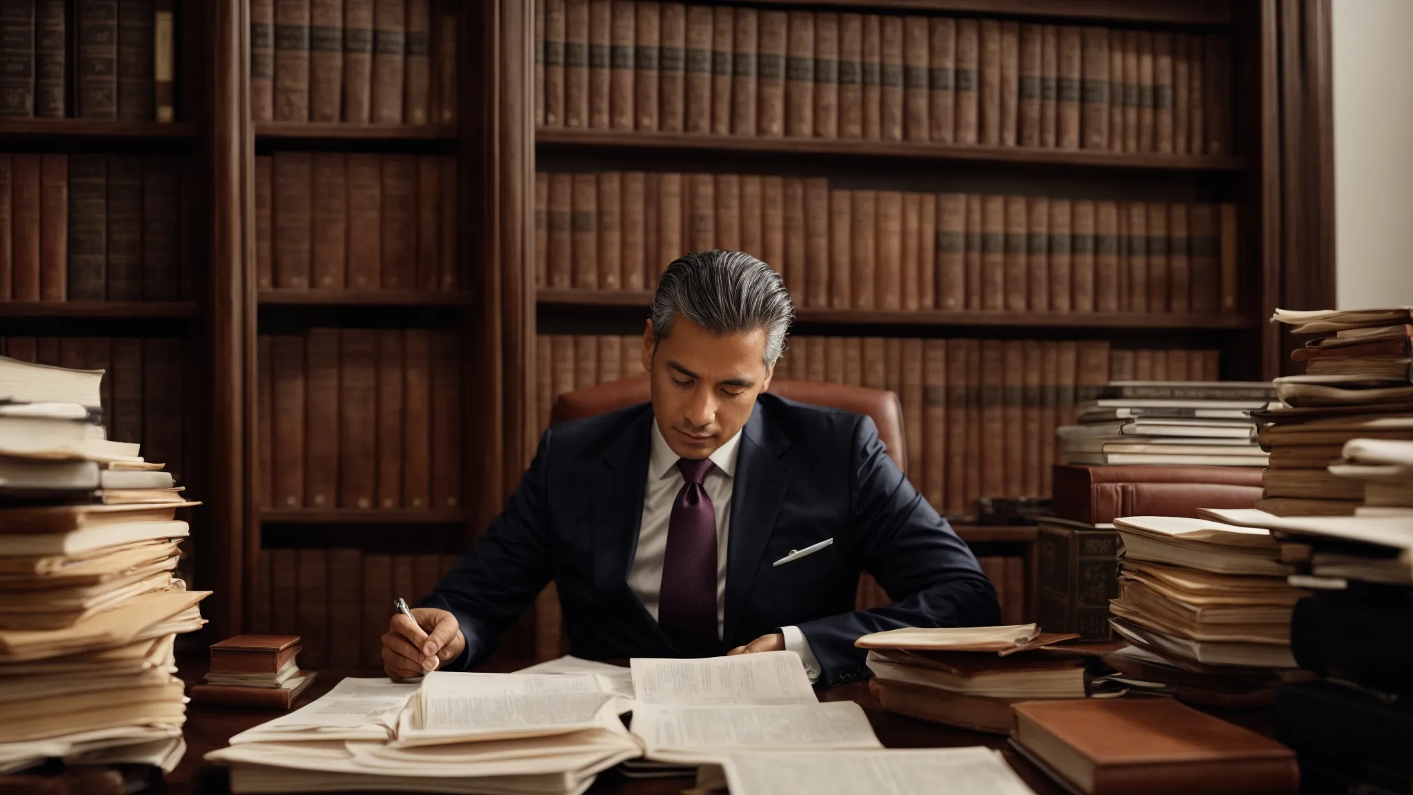 an attorney sits at a large desk, covered with various international legal books and documents, intently reviewing a stack of papers.