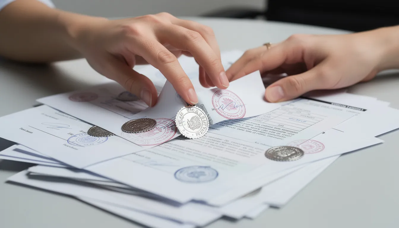 A close-up image shows hands delicately handling official paperwork, featuring various stamps and seals, indicative of the authentication process for documents like marriage and birth certificates. This meticulous action reflects the importance of obtaining apostille services from the Vermont Secretary of State's office for international use.