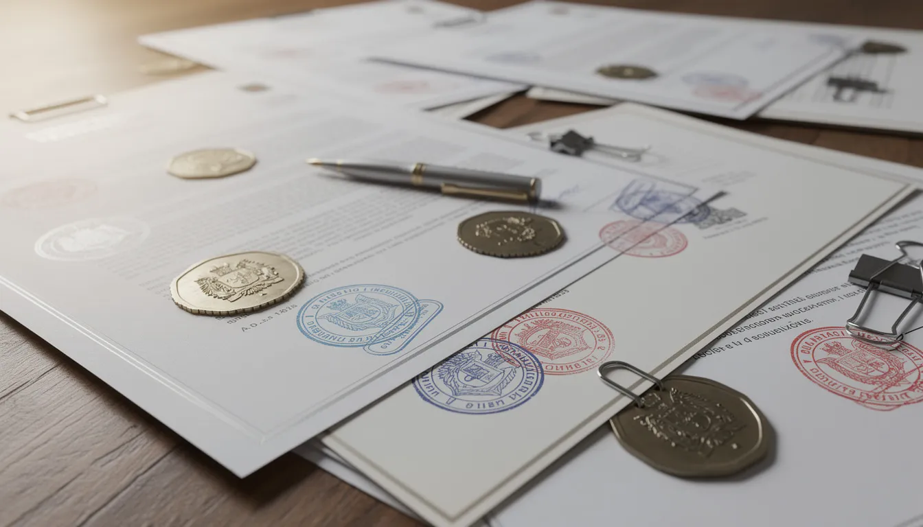The image shows a collection of official documents, including vital records like birth and marriage certificates, along with stamps and seals, all spread across a wooden desk. This arrangement highlights the importance of proper documentation for apostille certification and authentication processes.