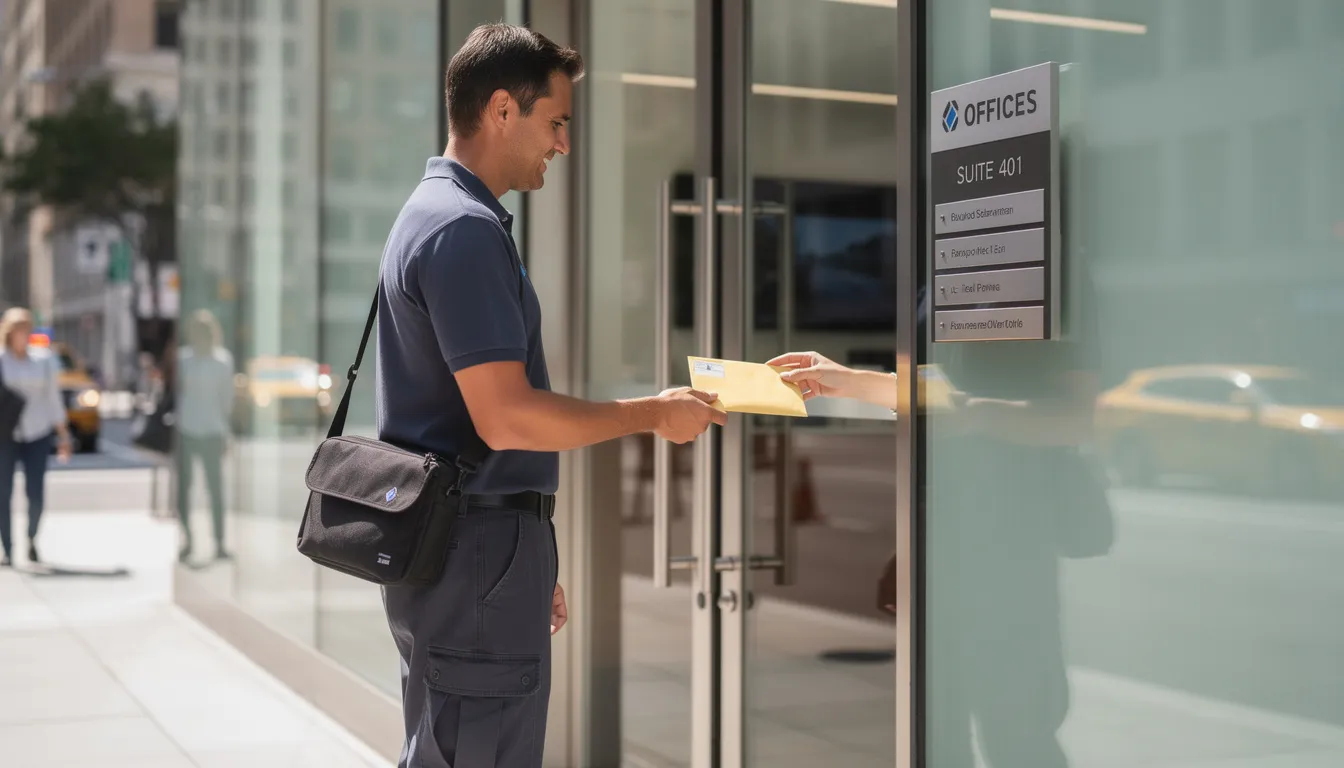 A professional courier is seen delivering an important envelope to the entrance of an office building, which may contain corporate documents requiring document legalization or authentication services for international use. The courier's role is crucial in ensuring that these documents are handled securely and efficiently for their intended destination country.