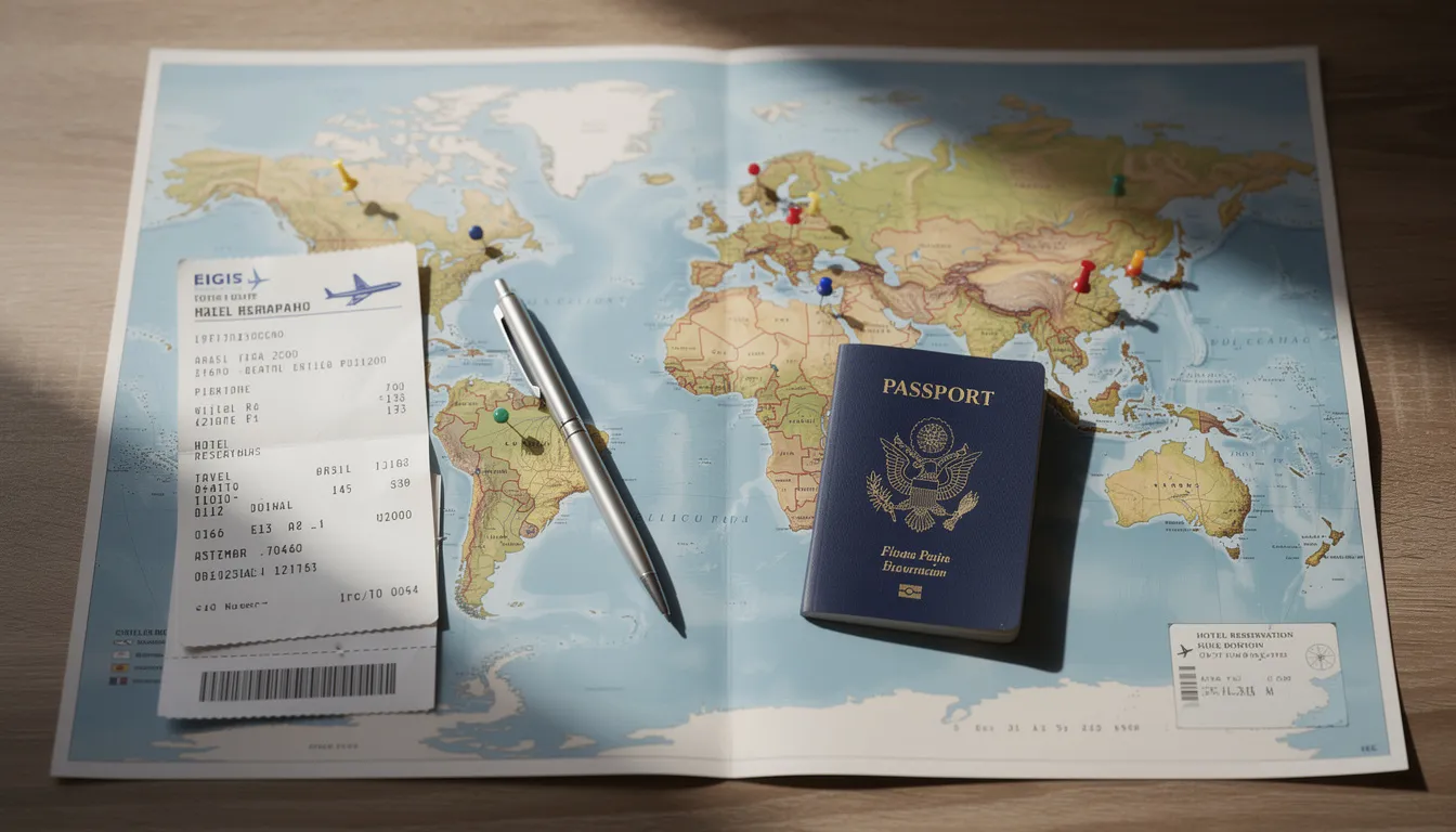 The image features a world map alongside various travel documents and a passport, symbolizing the journey of a student preparing to travel. The documents may include certified copies and court documents, possibly related to the requirements for obtaining an apostille from the New Mexico Secretary of State's office.