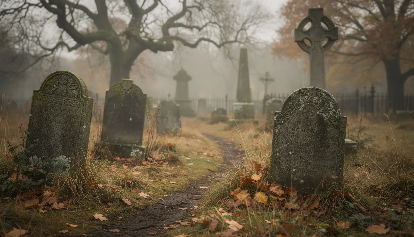 The image depicts old gravestones in a historic cemetery, showcasing weathered stones with inscriptions that may include vital records such as names, dates of birth, and death records of individuals buried there. The serene atmosphere reflects the significance of these markers in honoring the memory of those whose lives have passed.