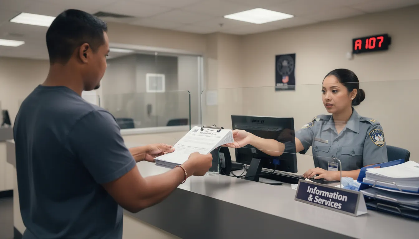 An individual is seen handing over a stack of important documents, including a marriage certificate, to an official at a government counter, likely for the authentication process required for legal recognition in a foreign country. The official is preparing to assist with the necessary certification and documentation, ensuring the marriage certificate is properly authenticated.