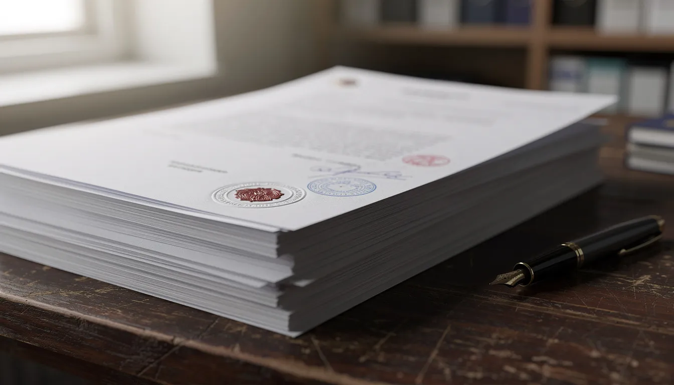A stack of official documents, including marriage and birth certificates, is displayed on a wooden desk, featuring raised seals and stamps that signify their authenticity. This arrangement highlights the importance of obtaining apostille documents issued by the Vermont Secretary of State's office for use abroad.