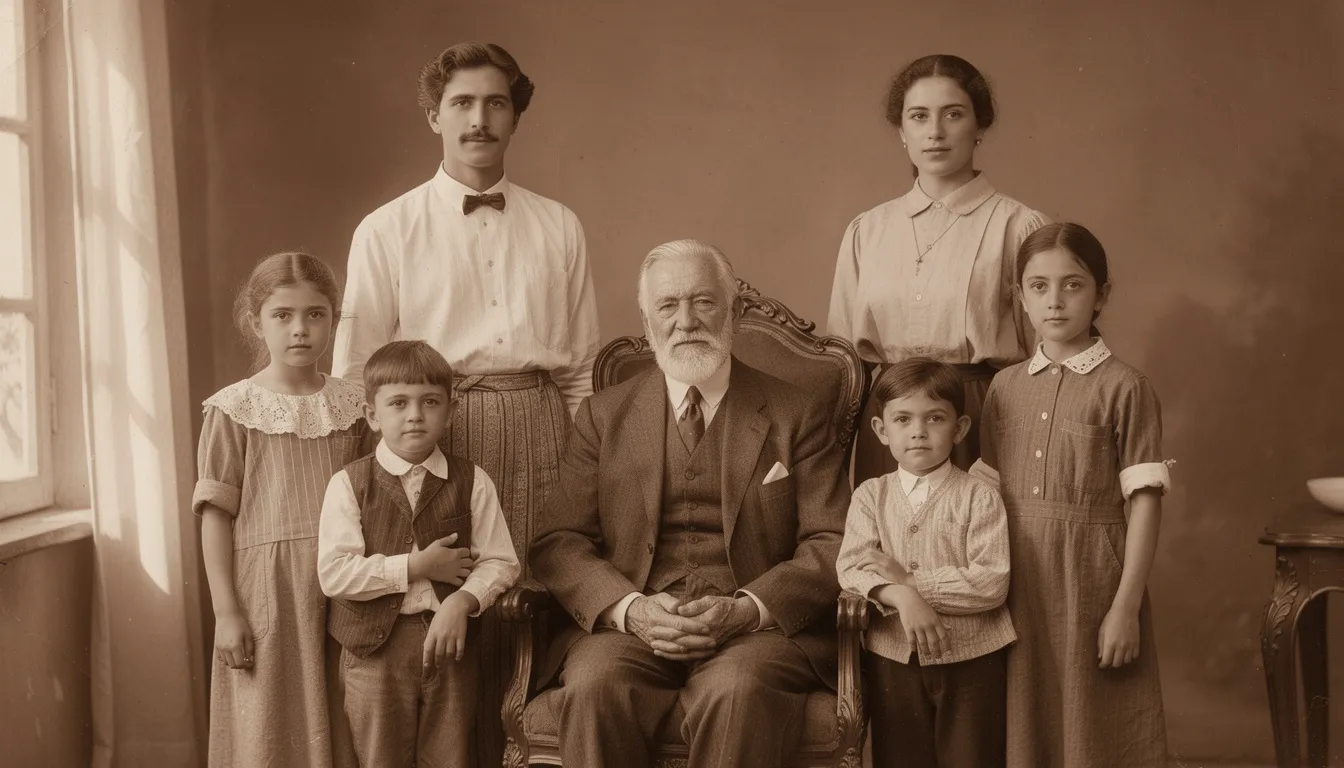 The image depicts a multi-generational Italian family portrait in sepia tones, showcasing the strong ties of Italian ancestry among family members. This visual representation emphasizes the importance of familial connections in claiming Italian citizenship by descent through direct lineage.