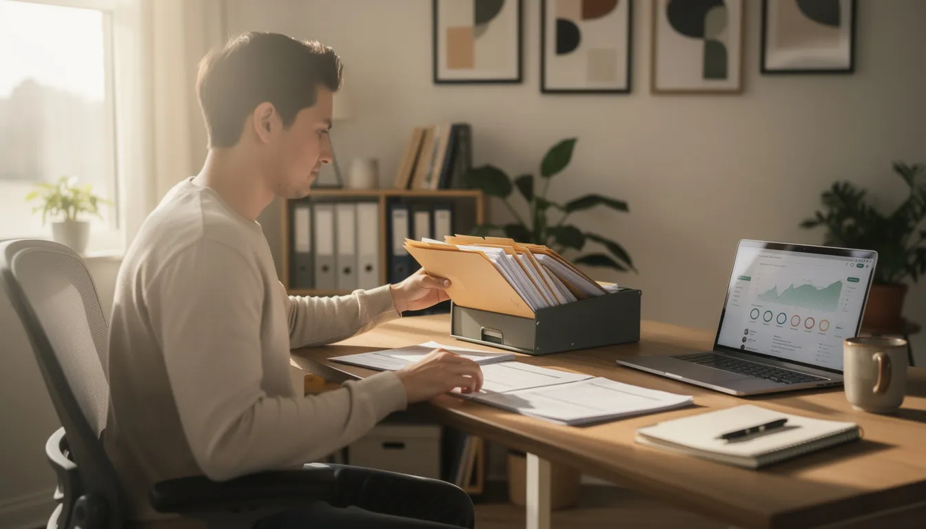 The image shows a person rummaging through various file folders and documents on a cluttered home office desk, likely searching for important paperwork such as a naturalization certificate or other immigration-related documents. The scene conveys a sense of urgency as the individual appears focused on locating the necessary files for the naturalization process.