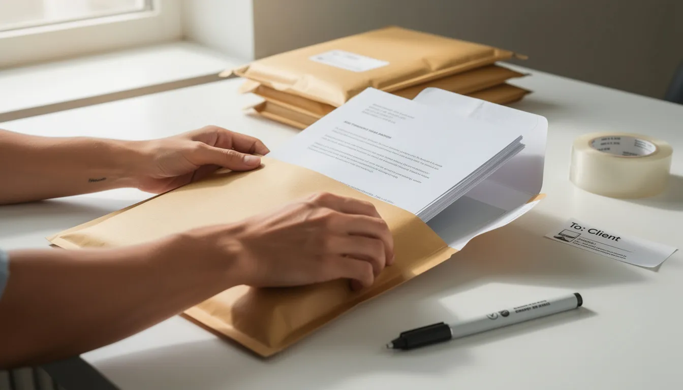 The image shows a pair of hands carefully placing important documents, such as a birth or death certificate, into a padded envelope for shipping, ensuring they are protected during transit. This process is essential for submitting apostille requests to the California Secretary of State's office.