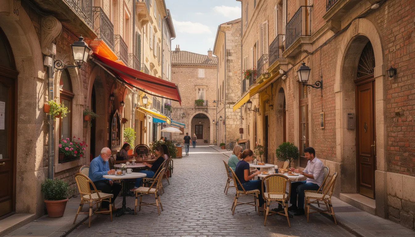 The image depicts a lively European city street adorned with outdoor cafes, where people enjoy their meals amidst stunning historic architecture. This scene reflects the rich cultural heritage of the region, reminiscent of the Slovak roots and the vibrant atmosphere found in many cities across the European Union.