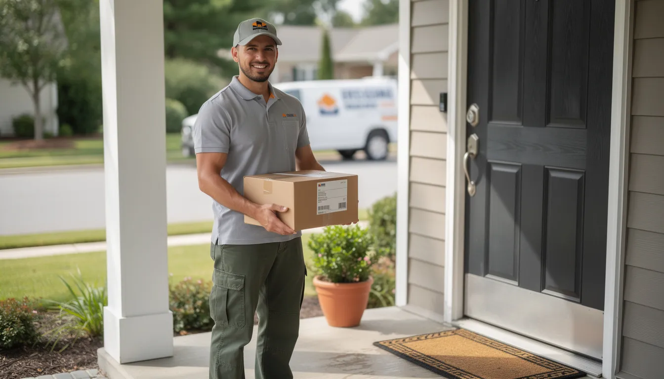 A courier delivery person stands at a doorstep, holding a package that may contain important documents such as an apostille certificate or vital records. The scene captures the moment of delivery, emphasizing the significance of secure and timely international shipping for essential paperwork.