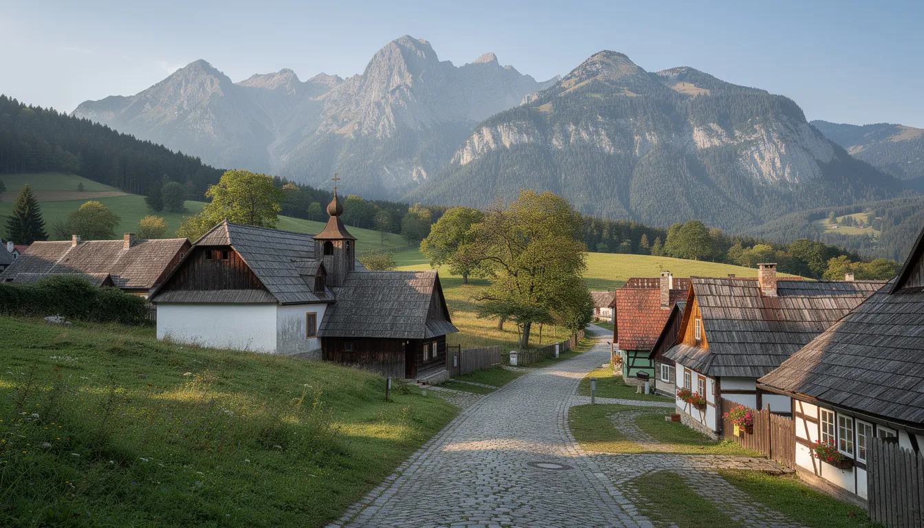 The image depicts a picturesque historic Slovak village characterized by traditional wooden architecture, nestled against a stunning mountain backdrop. This scene reflects the rich Slovak heritage and cultural roots, which may resonate with those exploring their Slovak citizenship by descent.
