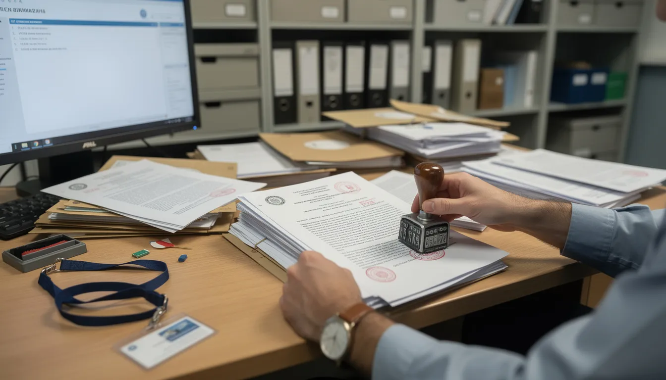 The image depicts a government office where officials are processing and stamping various legal documents, such as vital records and court documents, with an apostille certificate being applied for authentication. The setting includes a desk cluttered with completed documents and a government official verifying signatures as part of the apostille process.