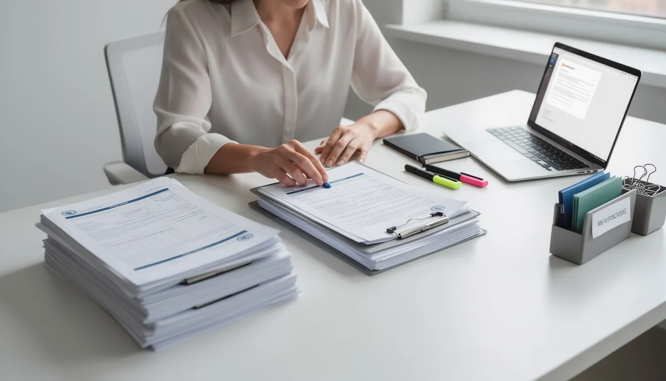 The image depicts a person meticulously organizing official paperwork at a clean desk, likely preparing documents for submission to the New Mexico Secretary of State's office. The workspace is tidy, reflecting a focused environment for handling important court documents and certified copies.
