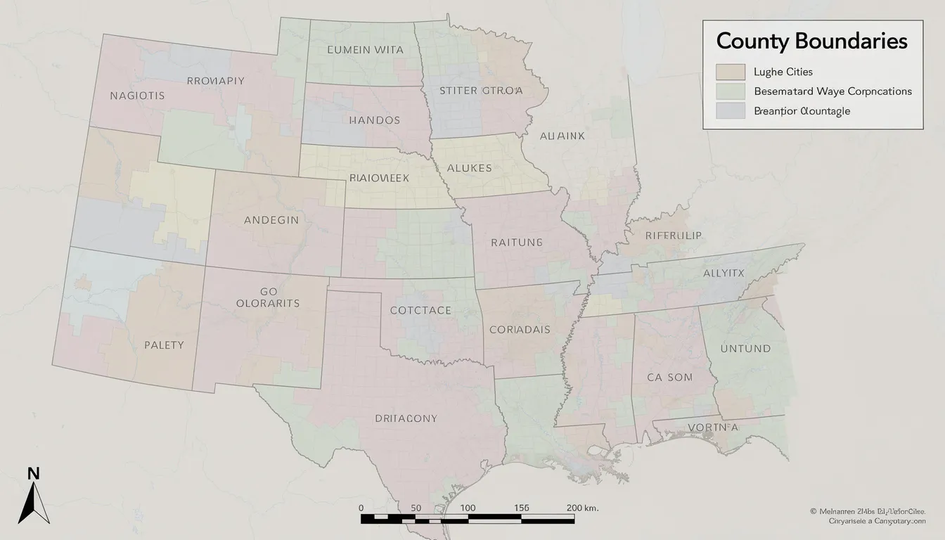 The image depicts a detailed geographic map illustrating county boundaries, which can be useful for locating vital records such as birth and death certificates. This map highlights the divisions between counties, aiding individuals in identifying the appropriate office for obtaining certified copies of records.