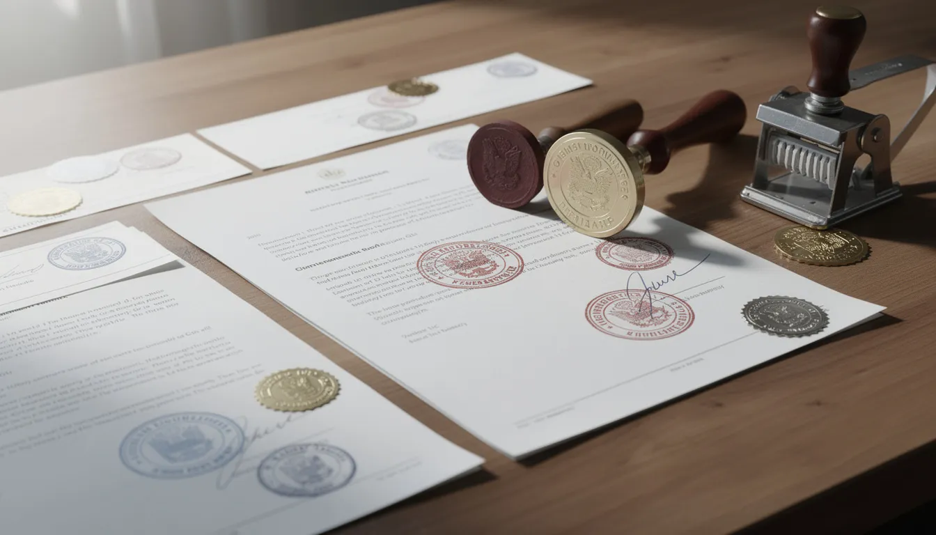 The image features a collection of official documents, including court documents and certified copies, adorned with various stamps and seals, arranged neatly on a wooden desk. This setting suggests a business environment, likely related to services provided by the New Mexico Secretary of State's office.