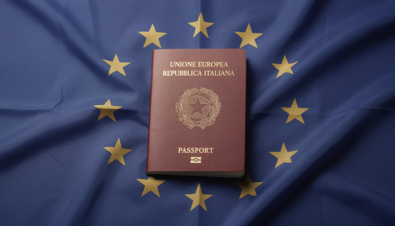 An Italian passport rests on top of a European Union flag, symbolizing the connection between Italian citizenship and European identity. This image highlights the significance of claiming Italian citizenship by descent, particularly for those with Italian ancestry.