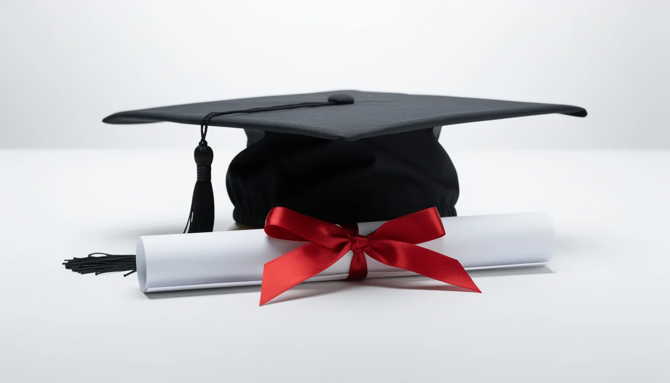 A graduation cap is placed on top of a rolled diploma scroll, symbolizing academic achievement. This image represents the completion of educational milestones, often accompanied by notarized documents like diplomas authenticated by the Oregon Secretary of State.