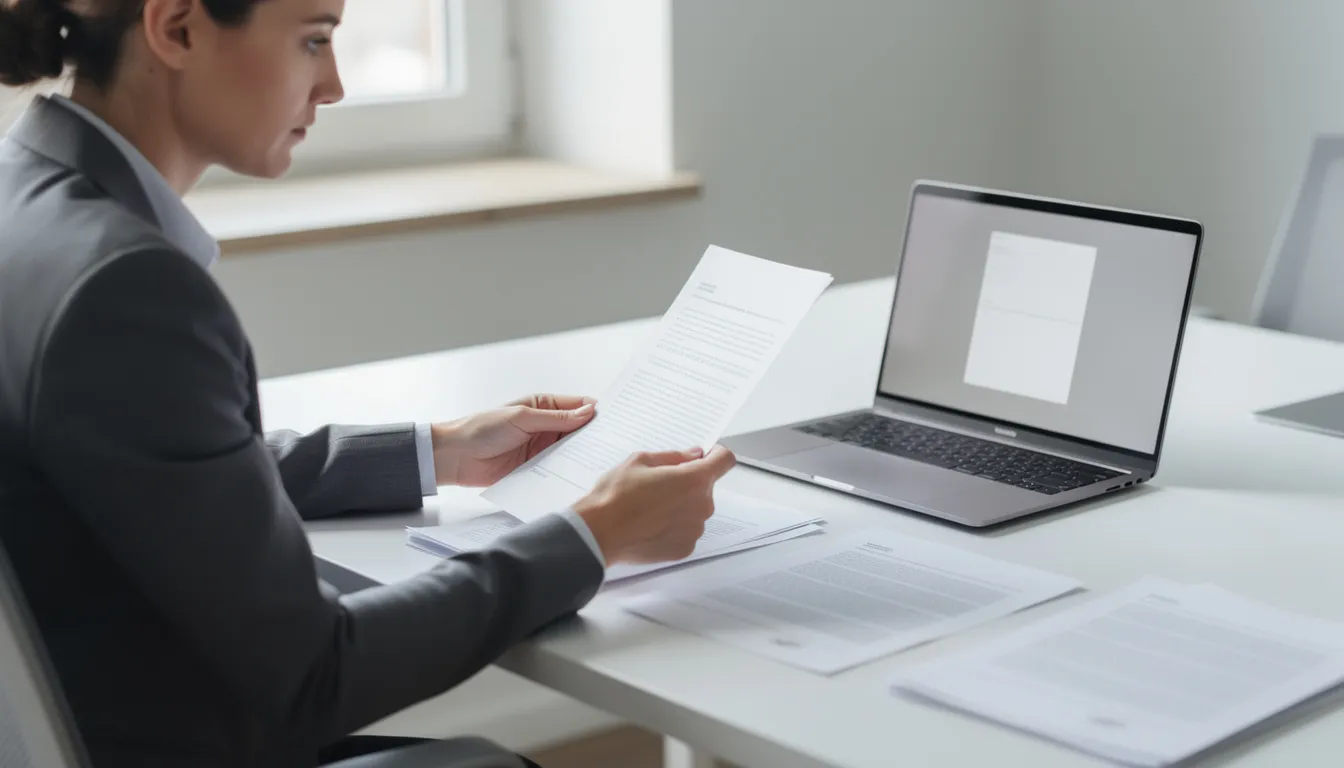 A person is sitting at a desk, reviewing official documents such as a birth or death certificate, with a laptop nearby. The setting suggests they may be preparing to submit apostille requests to the California Secretary of State's office for authentication.