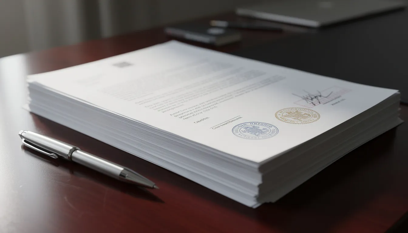 A stack of official documents rests on a wooden desk, featuring various certification stamps and seals, indicative of the document legalization process. These important documents may require authentication services for international use, ensuring they are considered valid by foreign governments and local or state authorities.