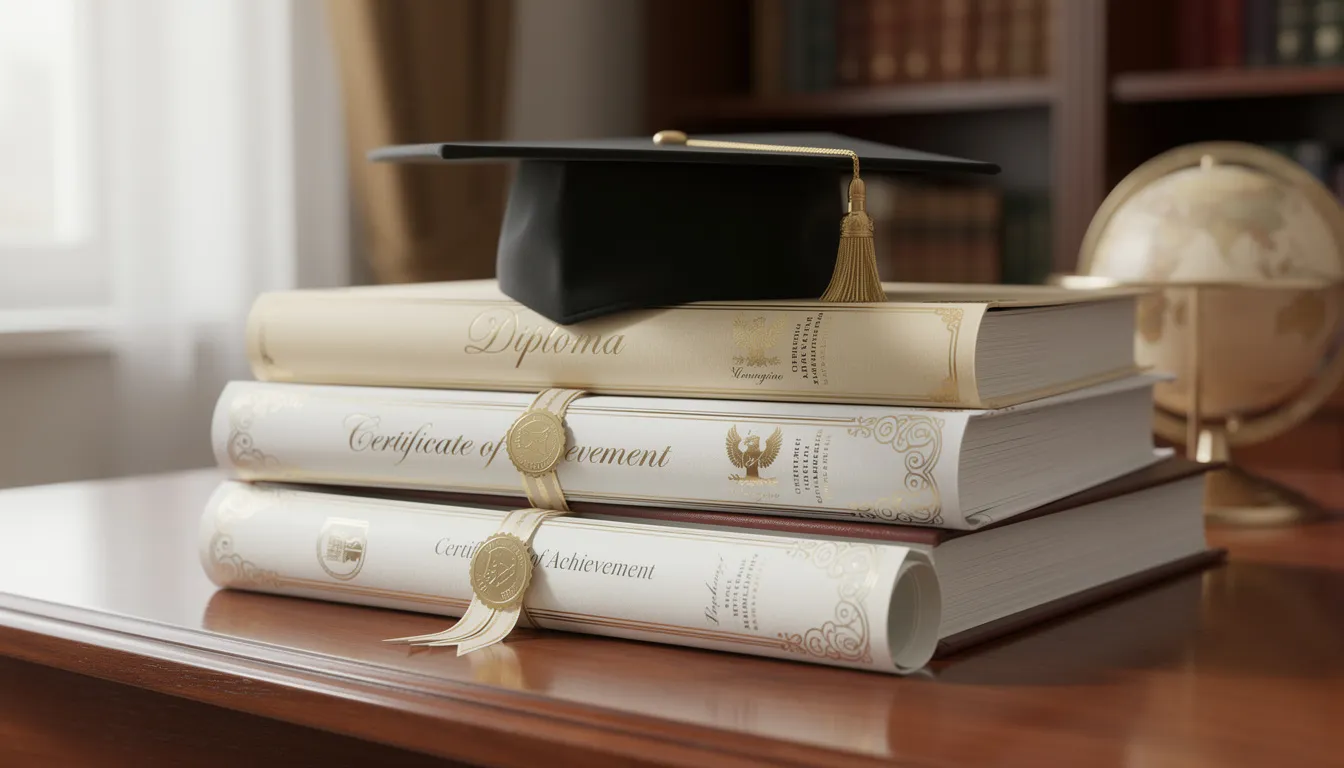 The image features a neat stack of diplomas and certificates topped with a graduation cap, symbolizing academic achievement and important personal documents. This representation highlights the significance of certified copies and apostille certification for international use, particularly for individuals navigating the apostille process for their vital records.