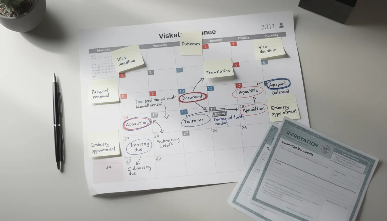 The image displays a calendar filled with marked dates and planning notes, highlighting important deadlines for document legalization and authentication services. It emphasizes the need for timely submission of corporate documents and other important documents required for international use, ensuring compliance with specific requirements set by foreign governments and local or state government agencies.