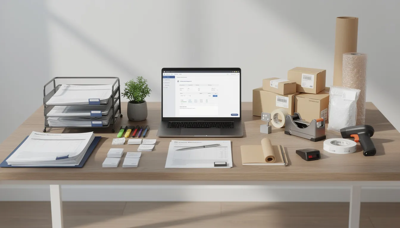 The image depicts a professional office desk neatly organized with paperwork, shipping materials, and essential documents related to apostille services, such as marriage and birth certificates. This setup reflects a workspace dedicated to processing and authenticating vital records for clients in Vermont and beyond.