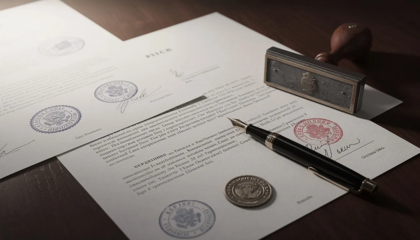 The image depicts a collection of official documents, including a marriage certificate, adorned with multicolored seals and stamps, resting on a wooden desk. These important documents, likely part of the authentication process, signify legal recognition and are essential for various administrative purposes.