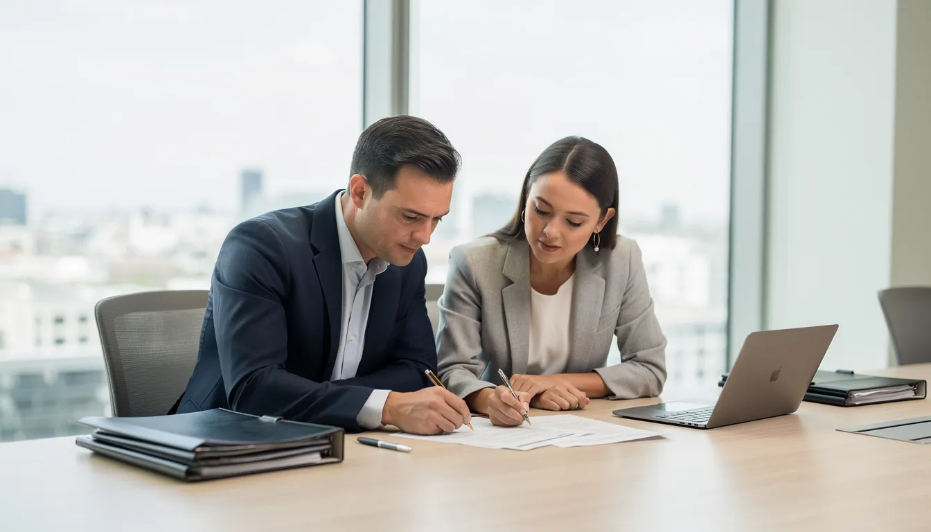 The image depicts two professionals in a well-lit office, collaborating over a stack of paperwork that includes various public documents. They appear focused on the apostille process, which is essential for authenticating foreign public documents for use in a foreign country.