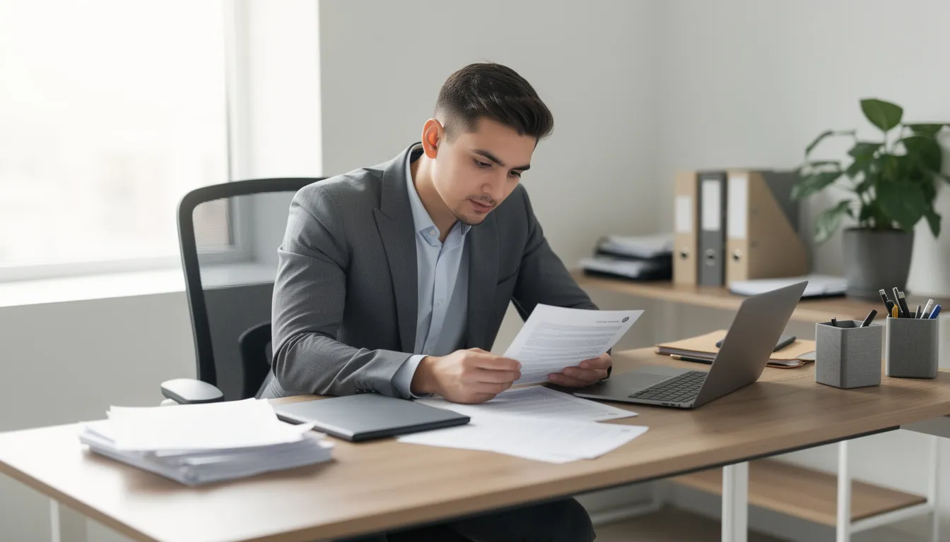 A young professional is seated at a desk, intently reviewing a stack of official documents, which may include foreign public documents and vital records. The scene suggests a focus on the apostille process, indicating the importance of authenticating public documents for international use.