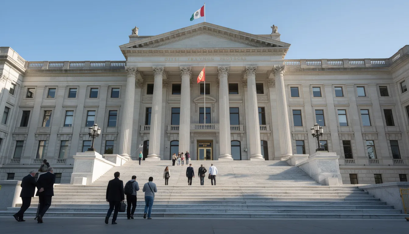 The image depicts the exterior of a government building where individuals are seen walking up the steps, likely to access services related to public documents such as birth certificates or marriage certificates. This location is essential for the apostille process, which helps authenticate foreign public documents for international use.