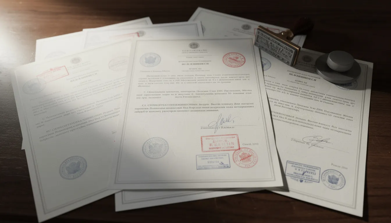 The image features a collection of official documents, including birth and marriage certificates, adorned with various stamps and seals, all neatly arranged on a wooden desk. These documents represent vital records that may require authentication through the apostille process for international use, in accordance with the Hague Convention.