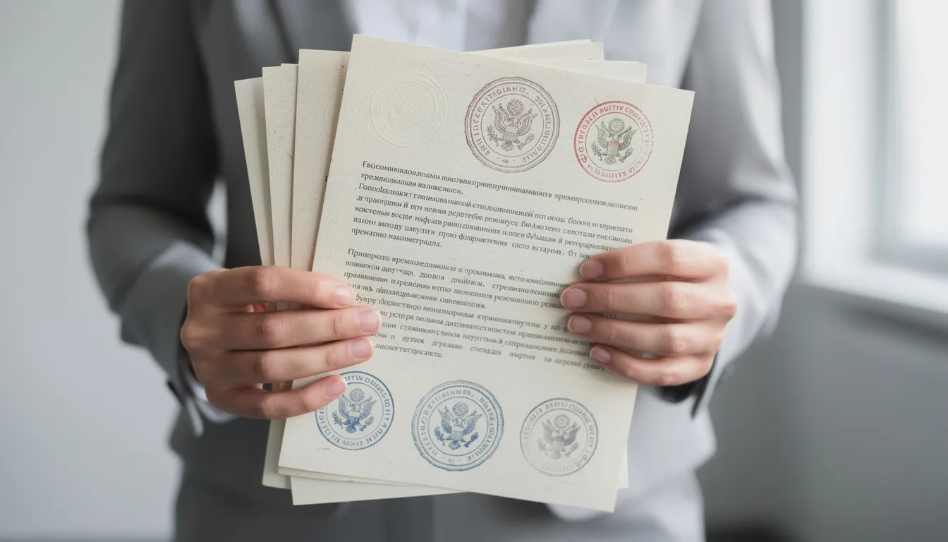 A person is holding a stack of official government documents, prominently displaying various seals and stamps, indicating their authenticity. These notarized documents may include vital records such as marriage certificates or death certificates, often required for processing requests with the Oregon Secretary of State.
