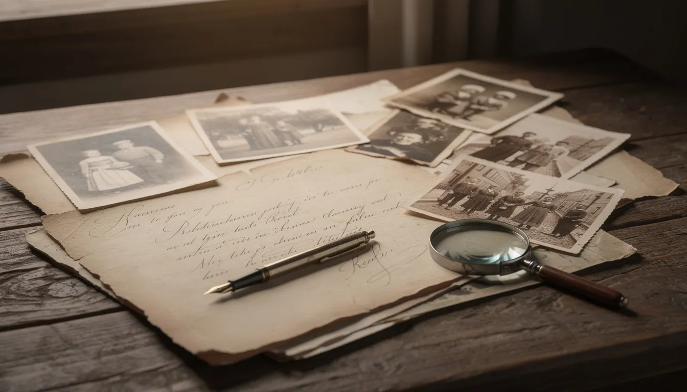 The image features a collection of antique documents and old photographs arranged on a wooden desk, evoking a sense of history and heritage. These items may include birth certificates and citizenship applications, reflecting the journey of individuals seeking to obtain Slovak citizenship or prove their Slovak descent through their ancestors.