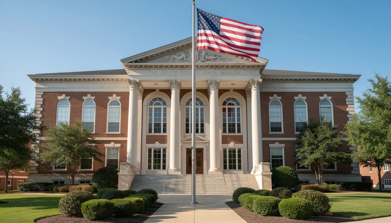 The image depicts a county courthouse building prominently featuring an American flag. This location is often associated with vital records services, where individuals can request documents such as death certificates and birth records.