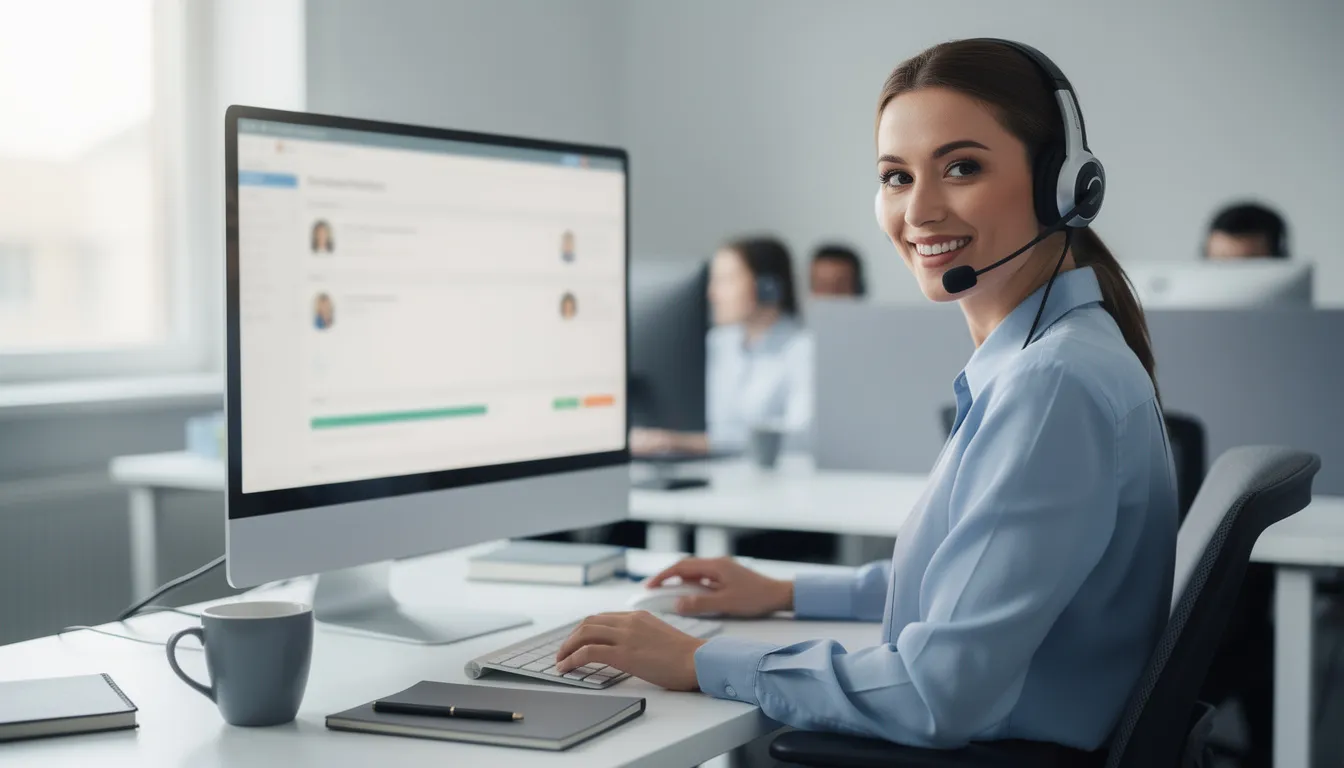 The image features a customer service representative wearing a headset, seated at a desk with paperwork and a computer. The individual is likely assisting clients with important documents such as birth certificates or marriage certificates, possibly related to apostille services for international use.