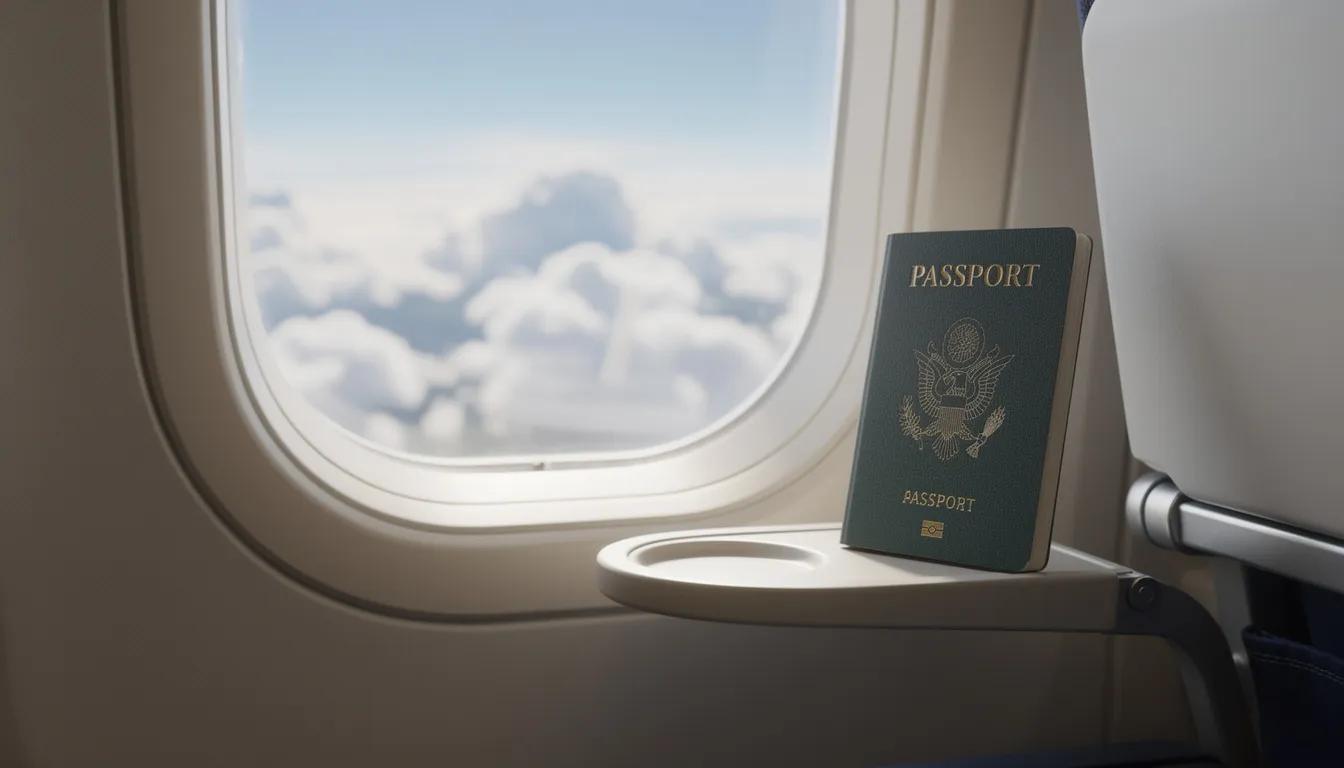 The image shows a passport resting on a tray table next to an airplane window, with fluffy white clouds visible outside. This scene suggests travel and the importance of having essential documents, such as a marriage certificate or other vital records, when journeying to a foreign country.