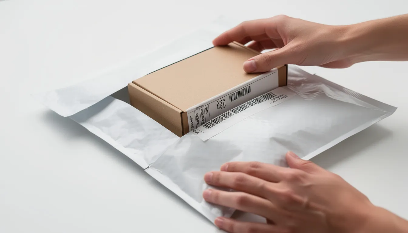 An image shows a package being prepared for shipping, featuring a clearly visible shipping label and a protective envelope, indicating the importance of document authentication and legalization services for international use. The scene reflects the meticulous process of ensuring that important documents are properly certified and ready for delivery to foreign governments or consulates.