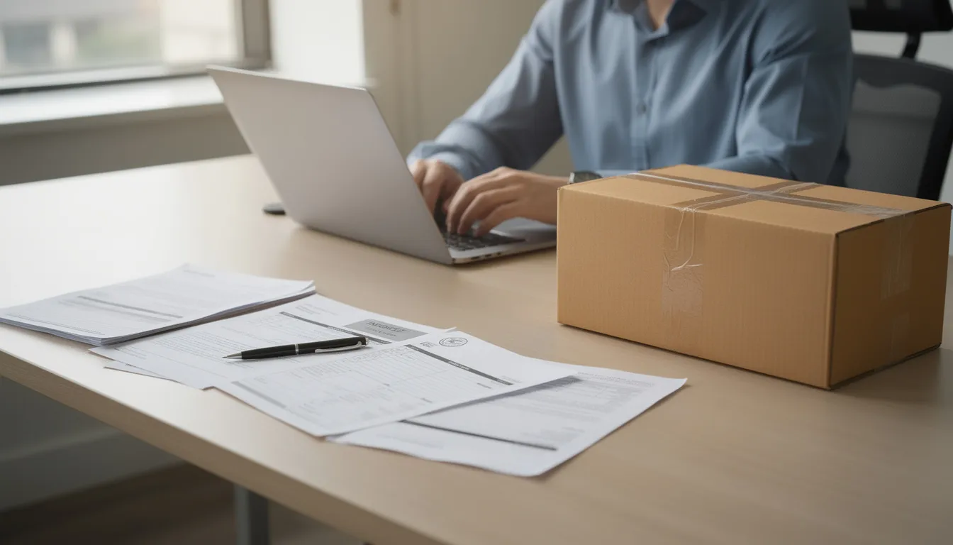 A person is seated at a desk, using a laptop while surrounded by a shipping box and various legal documents, possibly related to the apostille process. This scene suggests they may be preparing to submit required documents for expedited apostille processing services to ensure their documents are authenticated for international use.