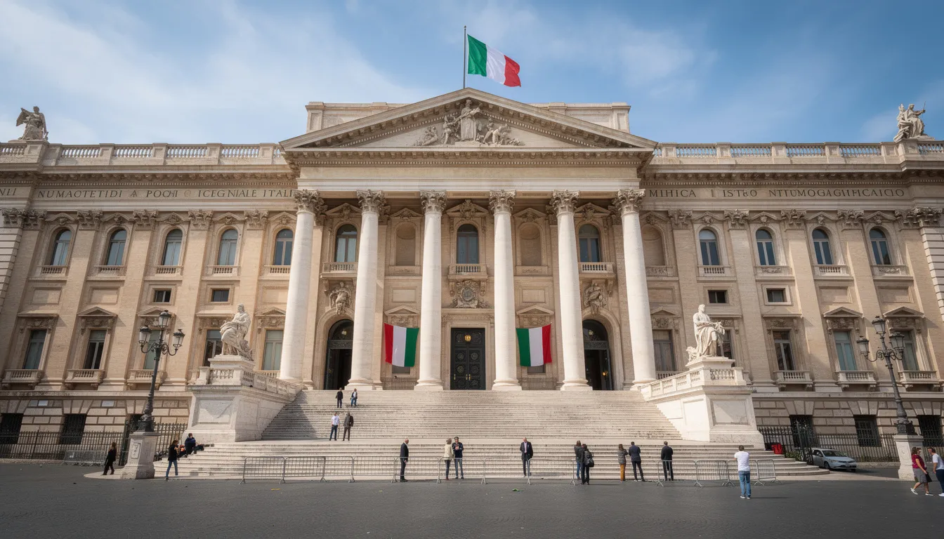 The image depicts a grand Italian government building showcasing classical architecture, adorned with the Italian flag fluttering proudly in front. This structure symbolizes the importance of Italian citizenship and the legal framework surrounding it, such as citizenship by descent and the rights of individuals with Italian ancestry.