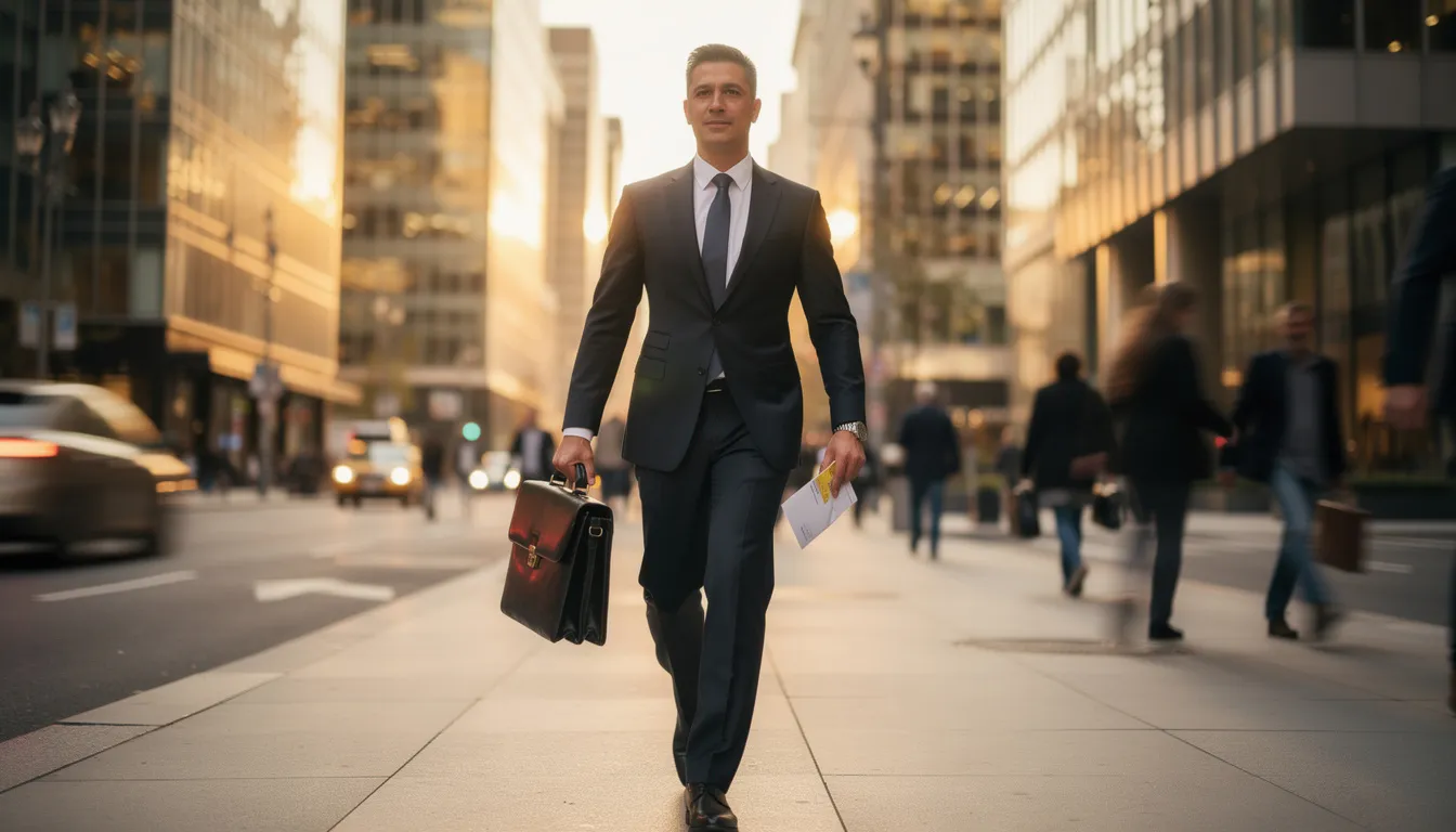A professional courier dressed in business attire is seen walking along a city street while carrying a briefcase. This image reflects the bustling atmosphere of Boston, Massachusetts, where services like apostille certification and notary services are essential for document verification and authentication.