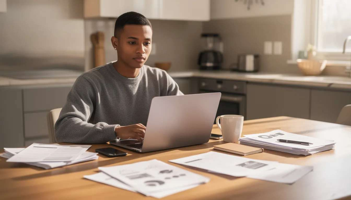 A person is seated at a kitchen table, focused on a laptop computer, with various immigration documents, including a birth certificate and a naturalization certificate, spread out nearby. This setting suggests they may be preparing to submit a request for a replacement naturalization certificate or reviewing instructions related to the naturalization process.